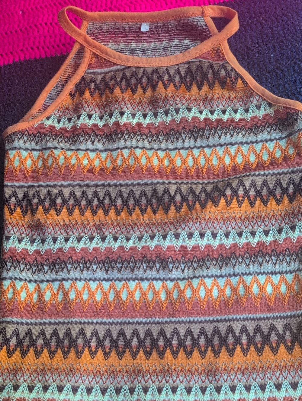Orange Patterned Knit Halter Tank Top